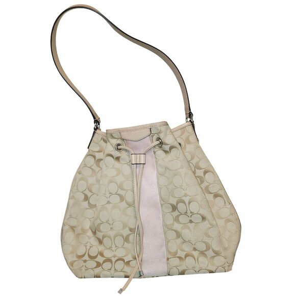 Coach Signature Beige & Pink Canvas & Leather Drawstring Bucket Bag Adjust Strap - Picture 1 of 8